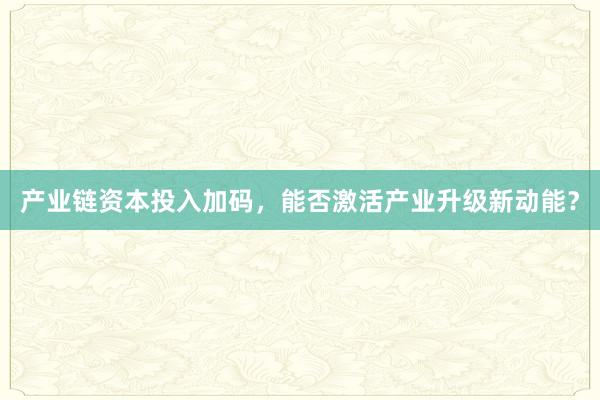 产业链资本投入加码，能否激活产业升级新动能？